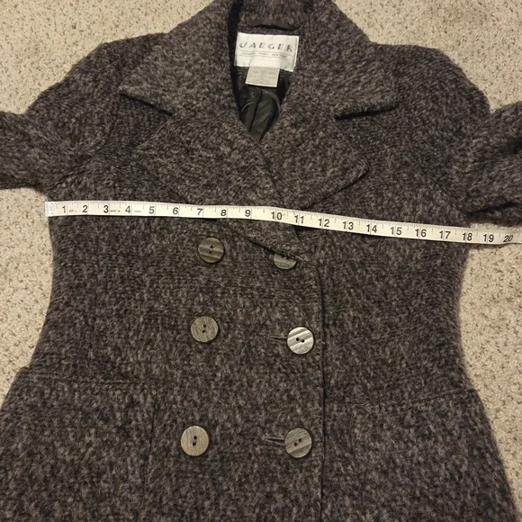 Jaeger Vintage Wool Double Breasted Tweed Pea Coat Gray Women's 6 Wooden Buttons